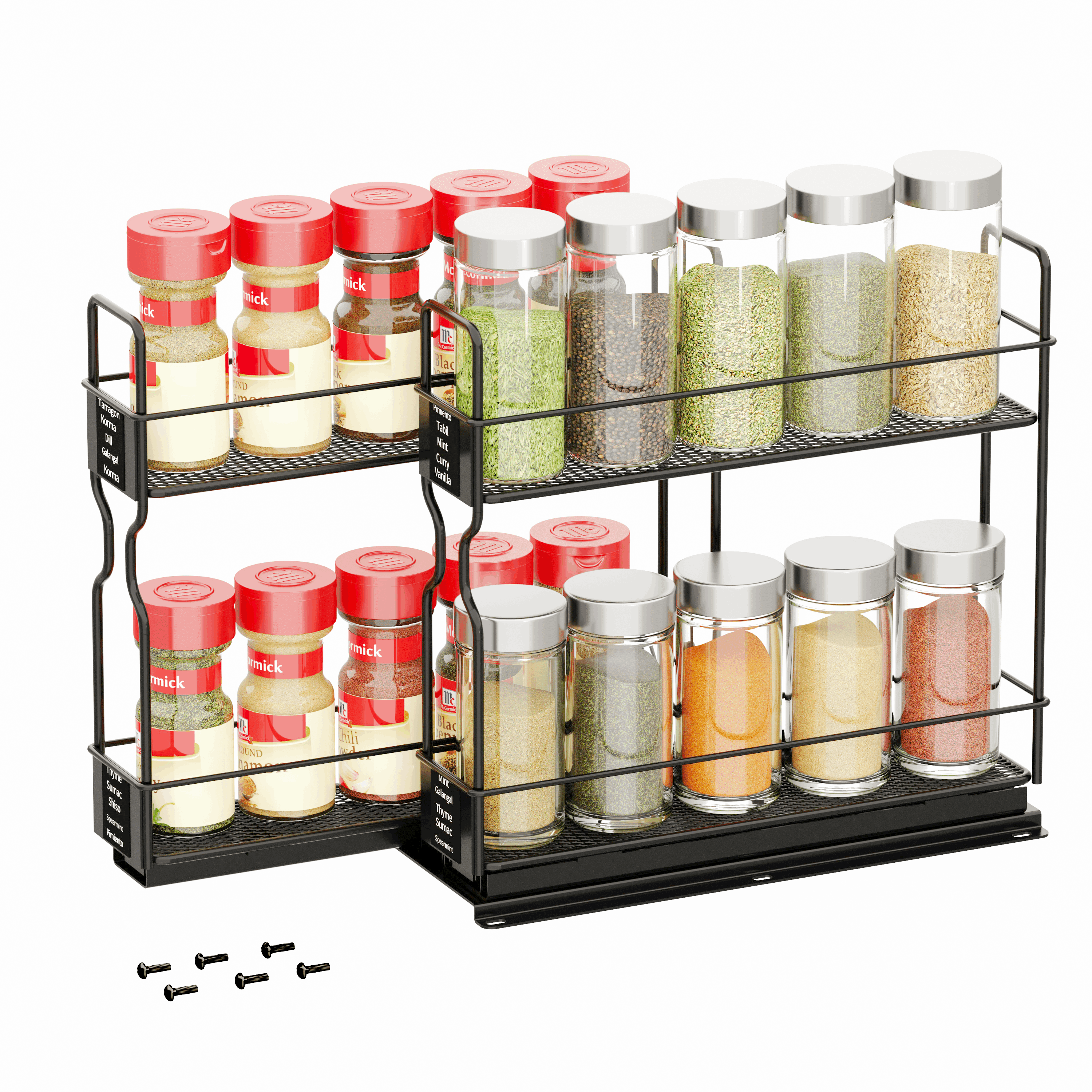 Heavy Duty Black Steel Pull Out Spice Rack Organizer with Labels
