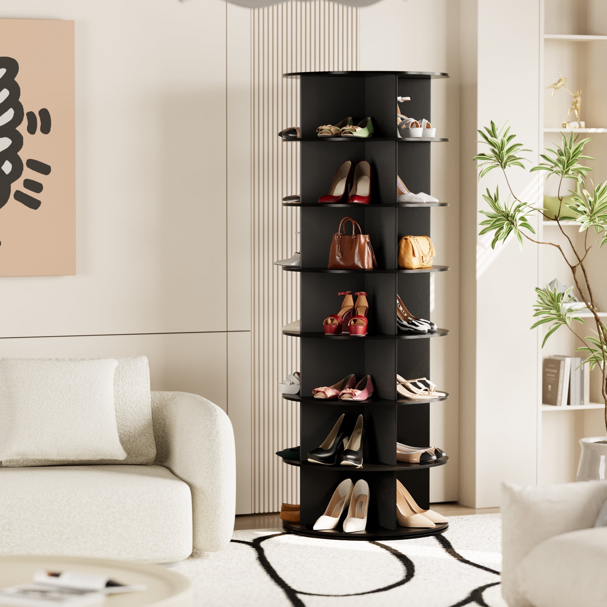 SpaceAid Rotating Shoe Rack Tower 7 Tier, Display Lazy Susan, Black, 23.2"D x 23.2"W x 63"H