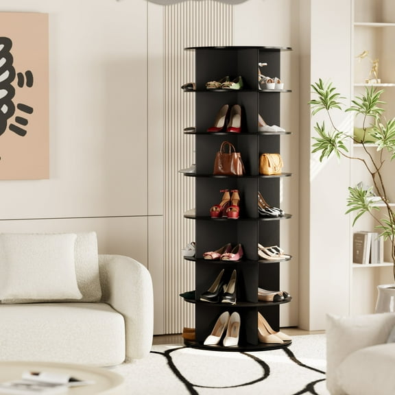 SpaceAid Rotating Shoe Rack Tower 7 Tier, Display Lazy Susan, Black, 23.2"D x 23.2"W x 63"H