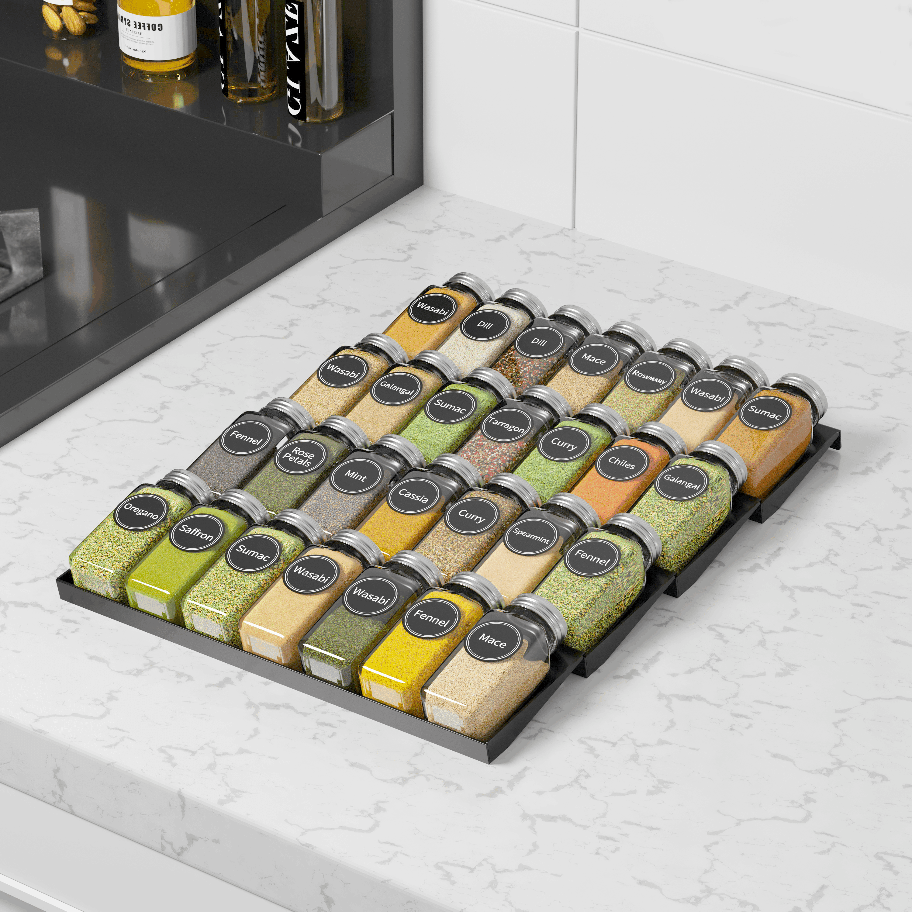 Black 4-Tier Wooden Spice Drawer Organizer with Glass Jars
