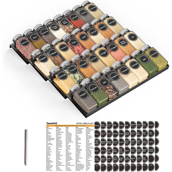 SpaceAid Spice Drawer Organizer with 32 Spice Jars, 4-Tier, 15" W x 17.5" D, Black