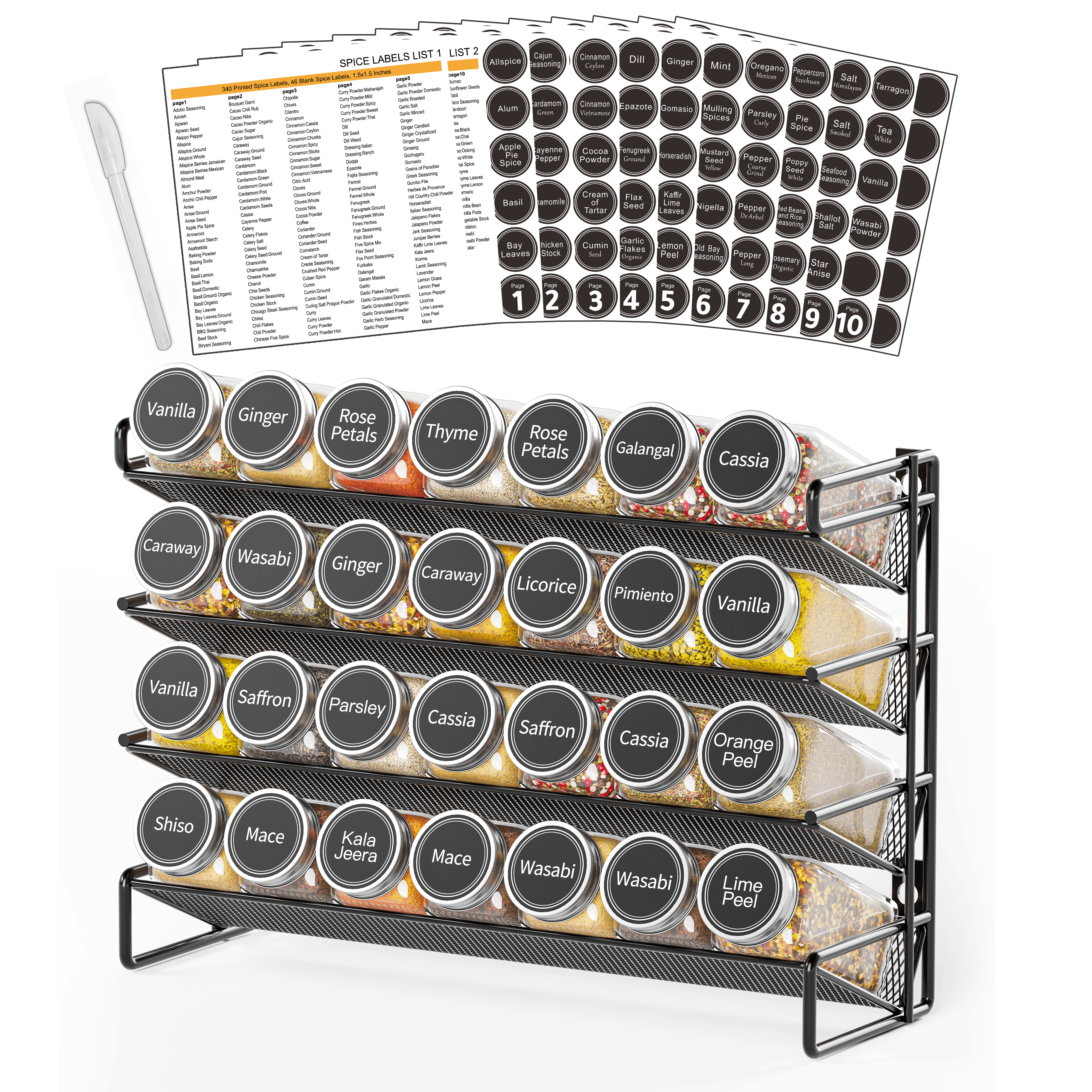 SpaceAid Spice Rack Organizer with 28 Jars, 4.33"D x 13.33"W x 10.5"H, Black