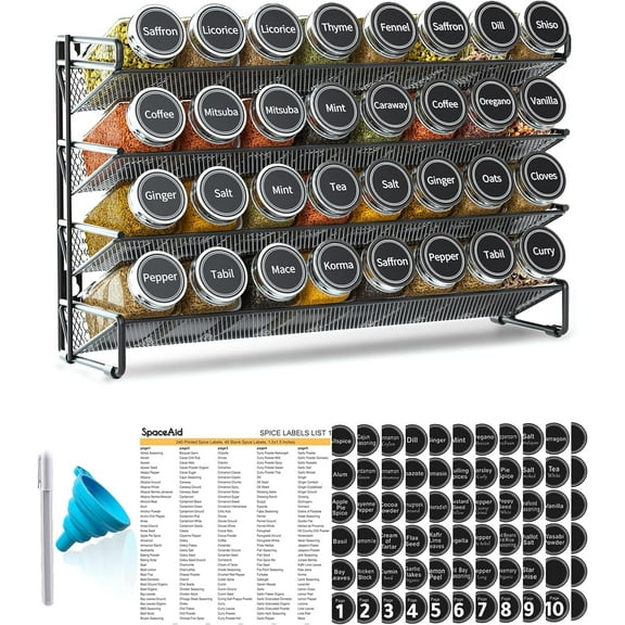 SpaceAid Spice Rack Organizer with 32 Jars, 4.4"D x 15.3"W x 10.8"H, Black