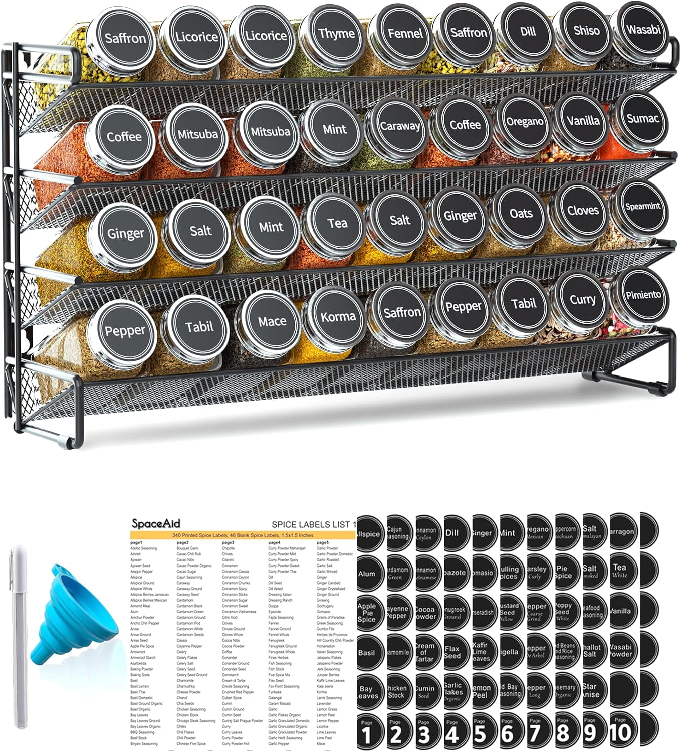 SpaceAid Spice Rack Organizer with 36 Jars, 4.4"D x 17.2"W x 10.8"H, Black