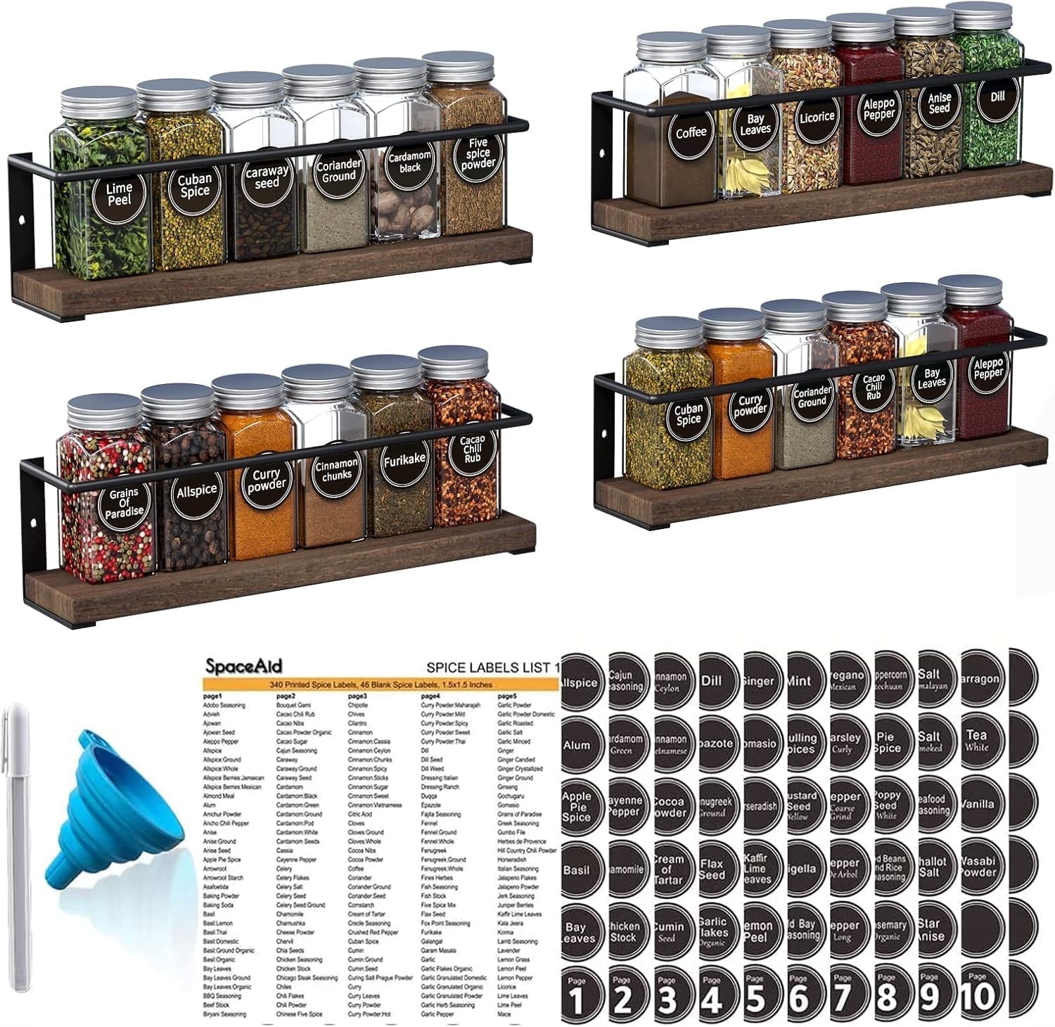 SpaceAid Spice Rack with 24 Spice Jars, Wood Hanging Seasoning Shelf for Cabinet Door or Wall Mount (4 Pack)，Brown - Walmart.com