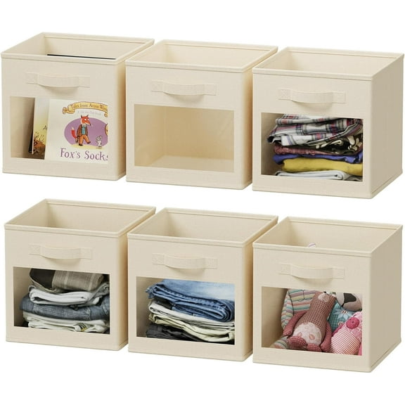 SpaceAid Storage Cubes with Clear Windows, Set of 6 Fabric Bins, 11 Inch, Beige