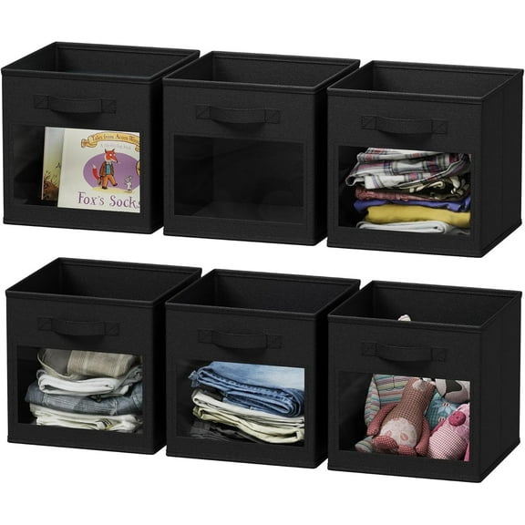 SpaceAid Storage Cubes with Clear Windows, Set of 6 Fabric Bins, 11 Inch, Black