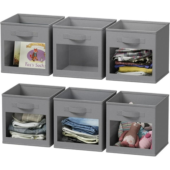 SpaceAid Storage Cubes with Clear Windows, Set of 6 Fabric Bins, 11 Inch, Gray