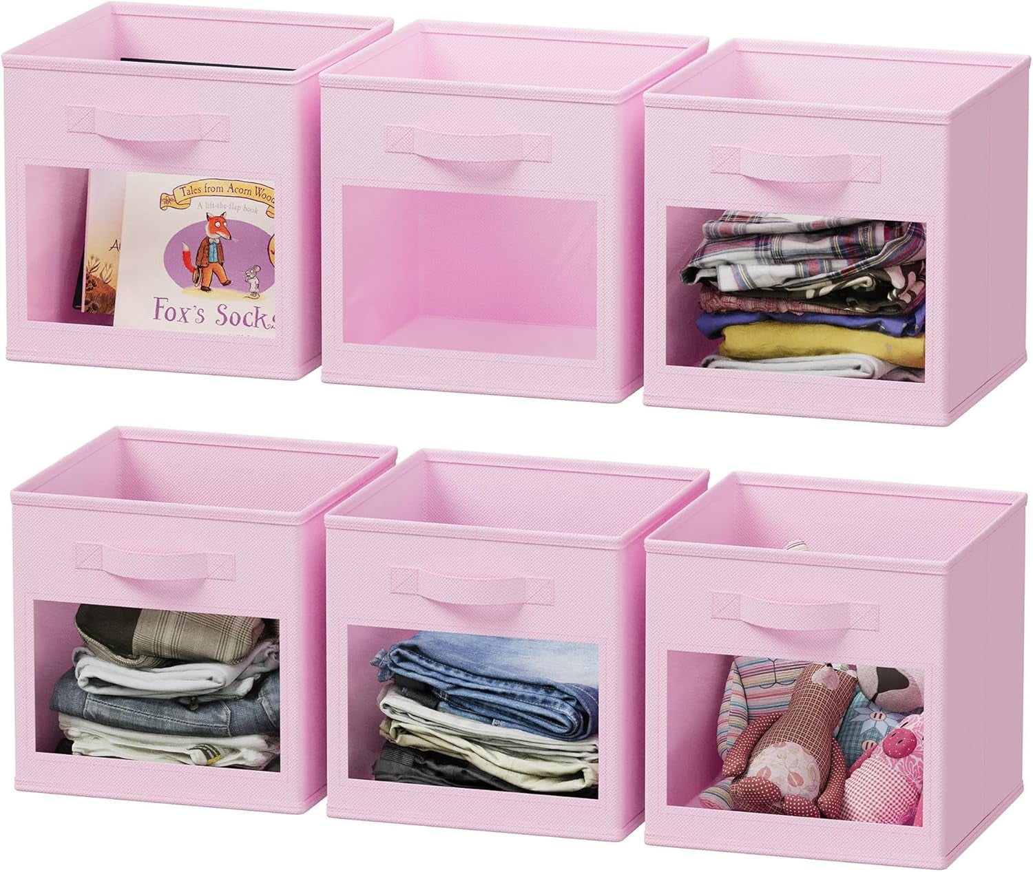 SpaceAid Storage Cubes with Clear Windows, Set of 6 Fabric Bins, 11 Inch, Pink