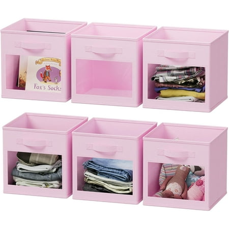 SpaceAid Storage Cubes with Clear Windows, Set of 6 Fabric Bins, 11 Inch, Pink