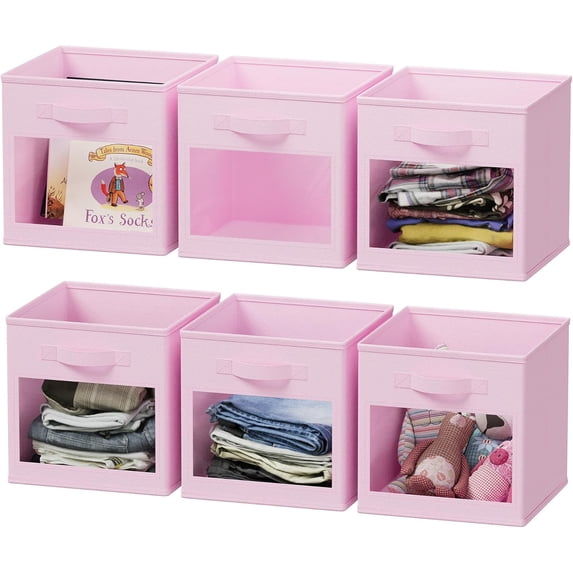 SpaceAid Storage Cubes with Clear Windows, Set of 6 Fabric Bins, 11 Inch, Pink