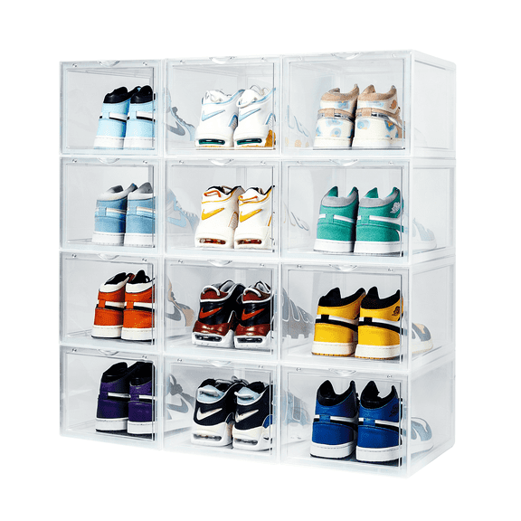 SpaceCrafters Shoe Storage, Stackable & Magnetic Front Opening Plastic Shoe Boxes, Space-Saving Transparent Organizer Box Set, 12 Pack