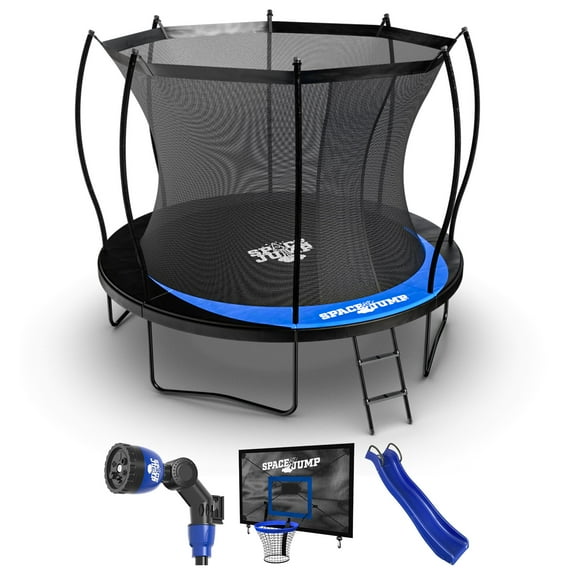 SpaceJump Lunar 12' Trampoline Outdoor Ultimate Set with Safety Net, Slide, Hoop & Sprayer