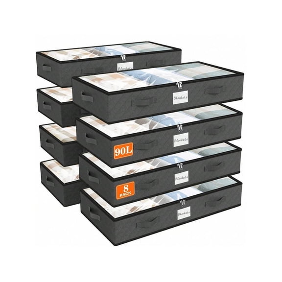SpaceWhisper 8-Pack 90L Under Bed & 6-Pack Clear-Top Foldable Storage Bins (Grey)