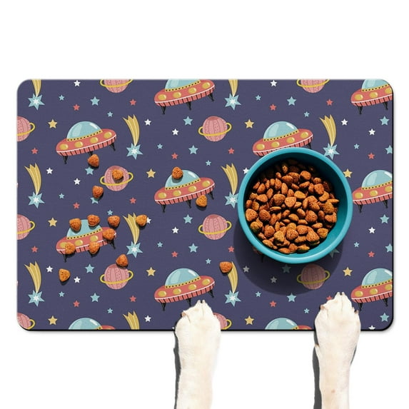 Spacecraft Dog Food Mat, Starry Night Sky Pet Feeding Mat, Non-Slip Absorbent Pad, Moon and Stars Design, Large Size