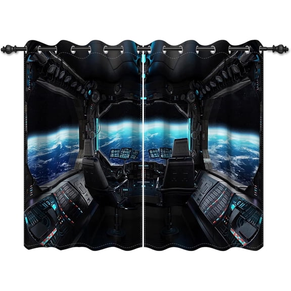 Spacecraft Interior Window Curtains Futuristic Spaceship Cockpit Window Treatments Outer Space Earth View Blackout Drapes For Bedroom Living Room French Door Decor 38"W x 45"L (Pack of 2)