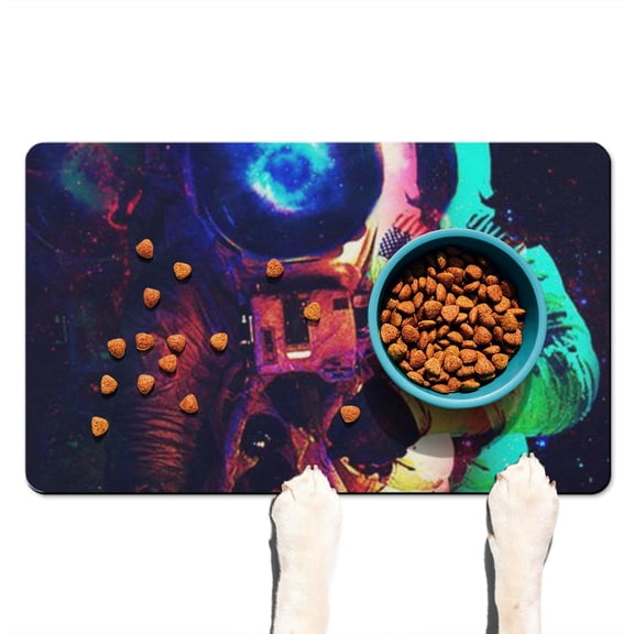 Spacecraft & Planet Pet Food Mat - Waterproof Dog Feeding Mat with Nebula Cosmic Design - Absorbent Non-Slip Placemat (Cosmos)