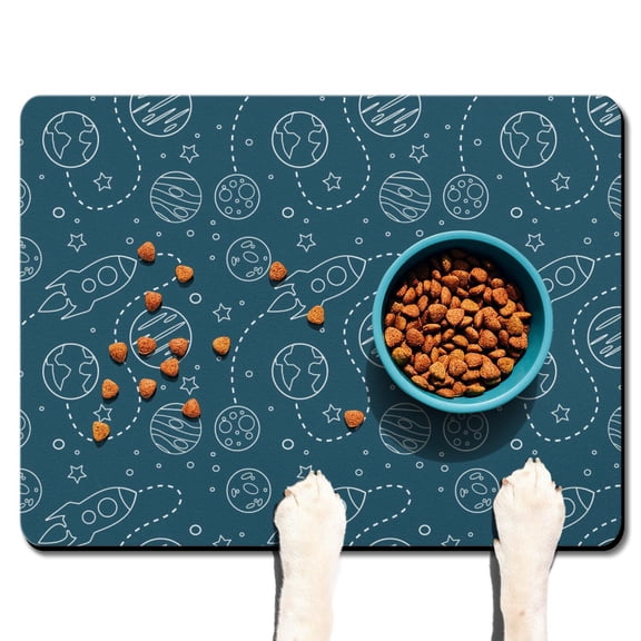 Spacecraft Space and Galaxy Aesthetic Starry Night Sky Dog Food Mat Waterproof Absorbent Non-Slip Durable Pet Feeding Mat