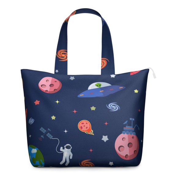 Spacecraft Themed Weekender Bag - Large Capacity Zippered Tote with Side Pockets, Planet & Celestial Pattern