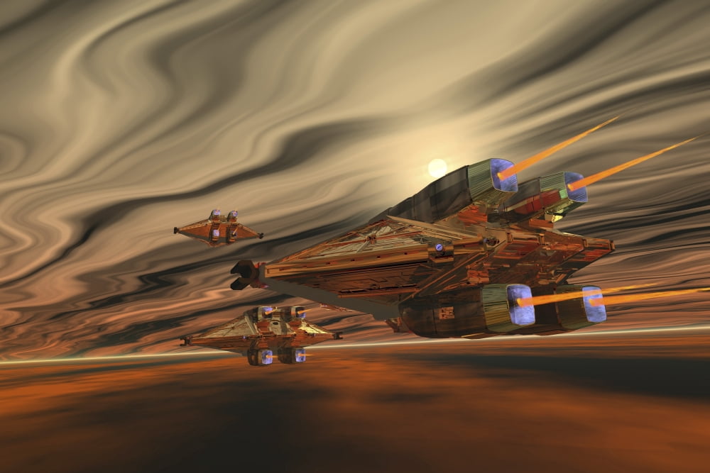 Spacecraft fly among spacial eddies in deep space Canvas Art - Corey FordStocktrek Images (35 x 23)