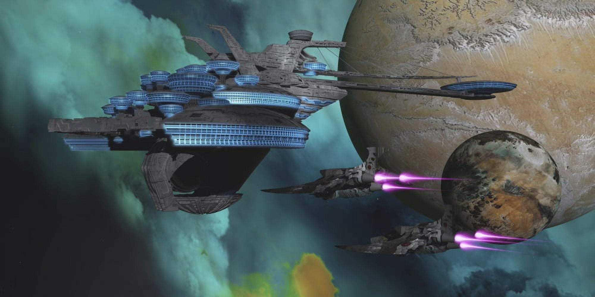 Spacecraft return to a spaceport in orbit around an alien planet Canvas Art - Corey FordStocktrek Images (20 x 10)