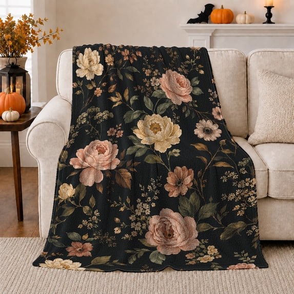 Spaced Blush Roses With Golden Botanical Sprigs, Cozy Flannel Blanket with Airy Vintage Botanical Print, Housewarming Gift for Vintage Rose Enthusiasts, Home Decor for Bedroom and Living Room