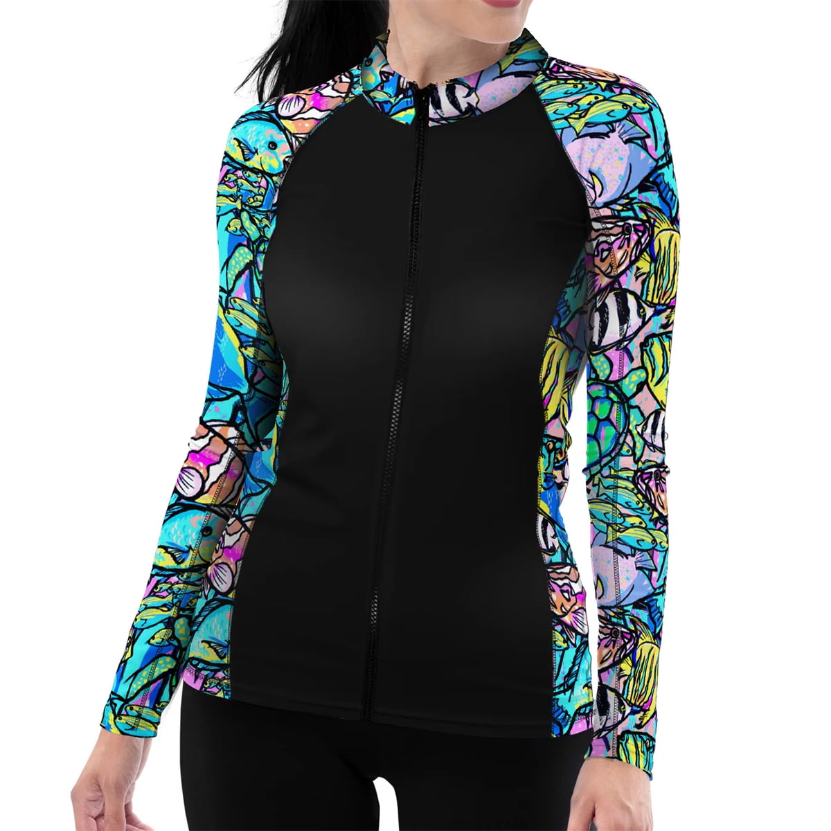 Spacefish Army Neon Fish Frenzy Women's Front Zip Long Sleeve Rashguard ...