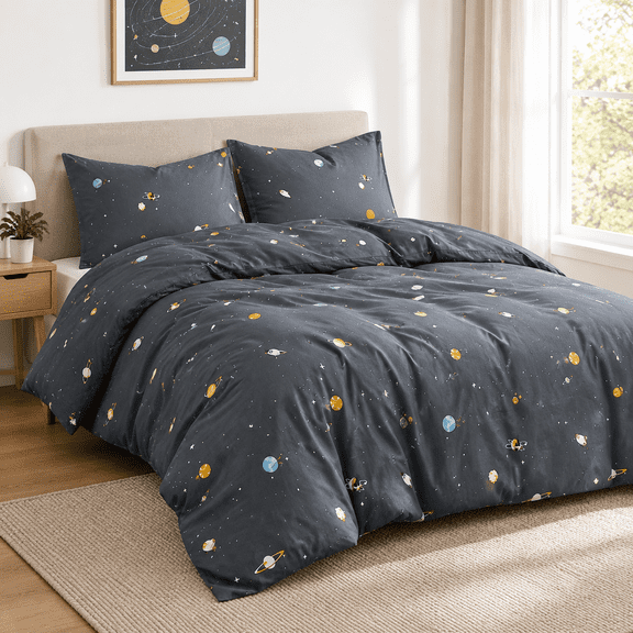 - Spaceforter Set Ton Fabric Constellation Cute Star Rocketaut Themed For Teen 3 Pieces Bedding Gray Full Size