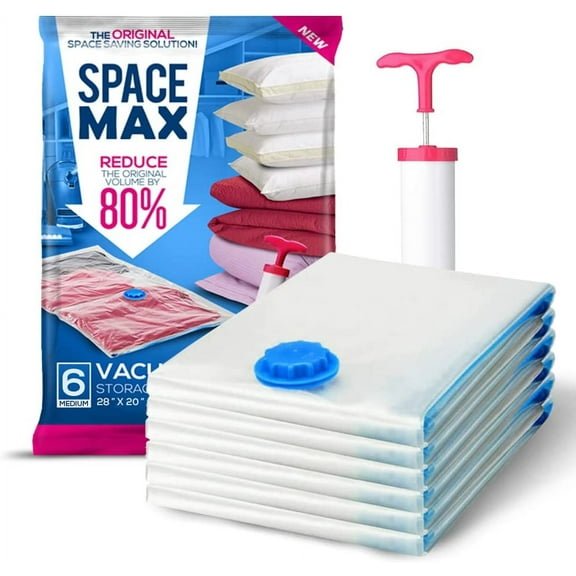 Spacemax Premium Reusable Vacuum Storage Bags, Save 80% More Storage Space. Double Zip Seal & Leak Valve, Travel Hand Pump Included. (Medium 6 Pack)