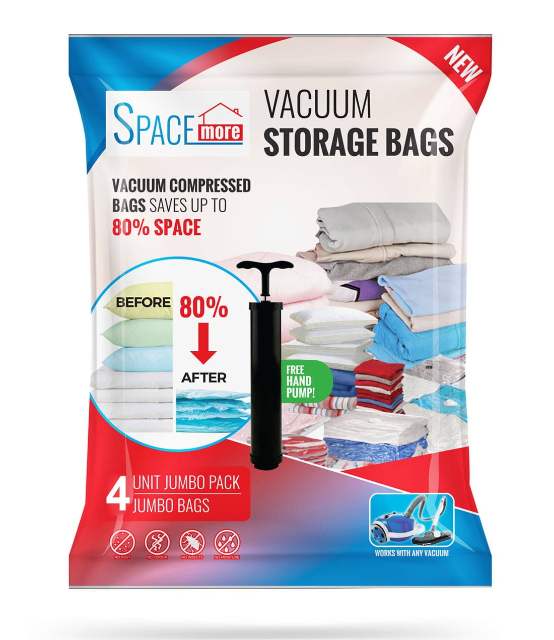 Spacemore Space Saving Vacuum Storage Bags for Clothes Bedding and Comforters Compression Seal with Hand Pump for Travel Clear 6 Jumbo