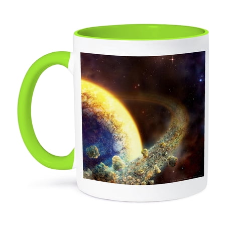 3dRose, Spacerock VIII – space scene with ring around the planet, 11oz Two-Tone Green Mug