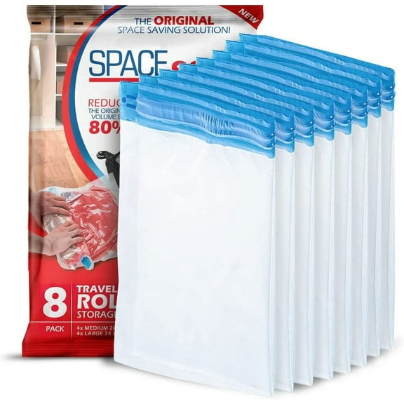 Spacesaver 8 x Premium Travel Roll Up Compression Storage Bags for Suitcases - No Vacuum Needed - (4 x large, 4 x medium) - 80% More Storage than Leading Brands!