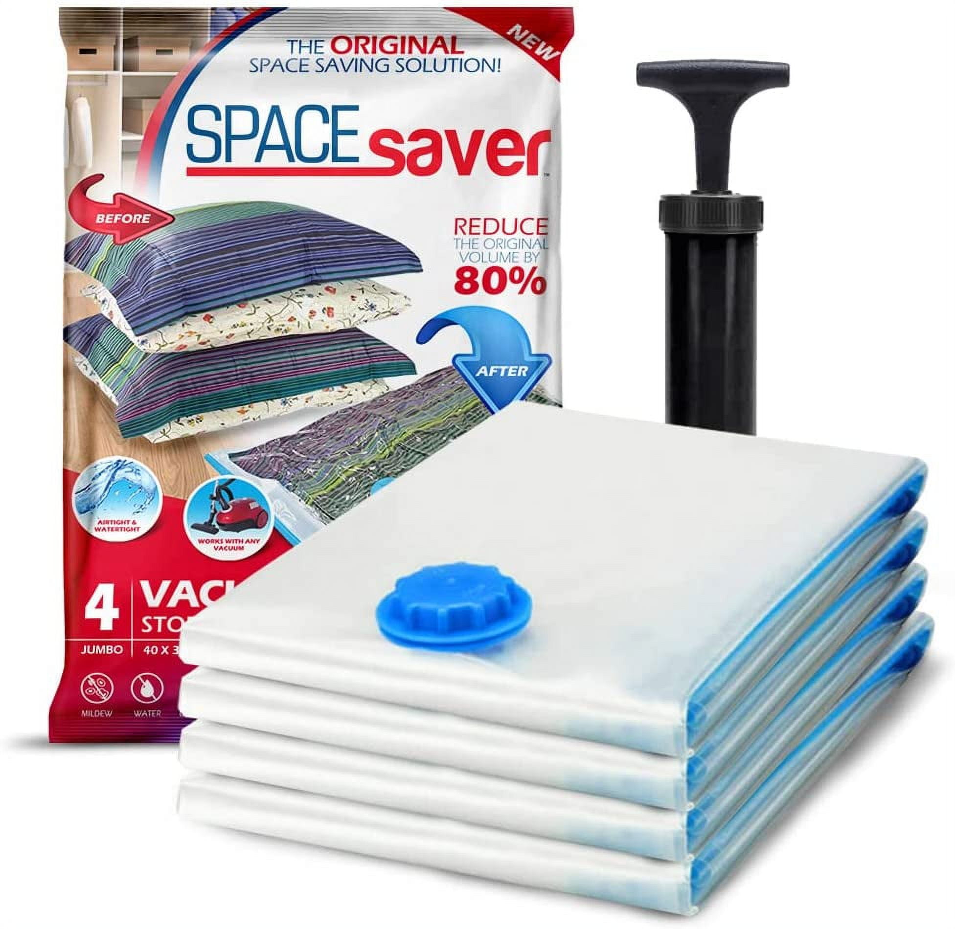 Spacesaver Premium Vacuum Storage Bags. 80% More Storage! Hand-Pump for  Travel! Double-Zip Seal and Triple Seal Turbo-Valve for Max Space Saving!  (Jumbo 4 Pack) 