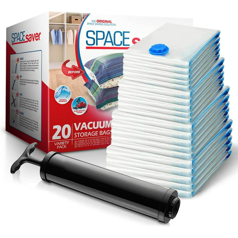 Spacesaver Premium *Variety* Vacuum Storage Bags (5 x Small, 5 x Medium, 5  x Large, 5 x Jumbo) (80% More Storage Than Leading Brands) Free Hand Pump  for Travel! (Variety 20 Pack) 
