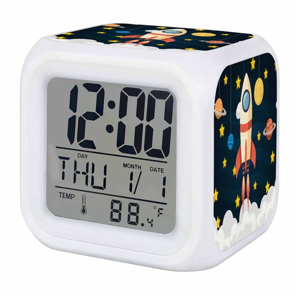 Spaceship Alarm Clock, Cartoon Space Stars Cute Rocket Pattern Digital Clock Night Light with 7 Color, Calendar Temperature Display, LED Desk Small Clock for Bedrooms Bedside Living Room
