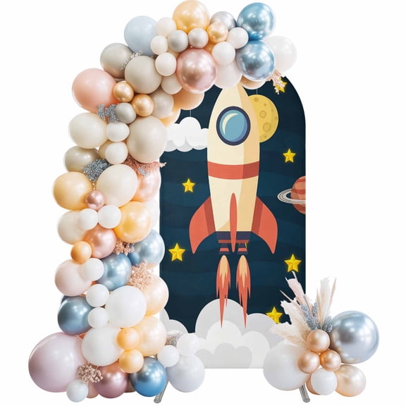 Spaceship Arch Backdrop Cover 6 FT Cartoon Space Stars Cute Rocket Pattern Stretchy Elastic Arch Stand Covers Spandex Arched Background Birthday Wedding Party Decoration (No Stand)