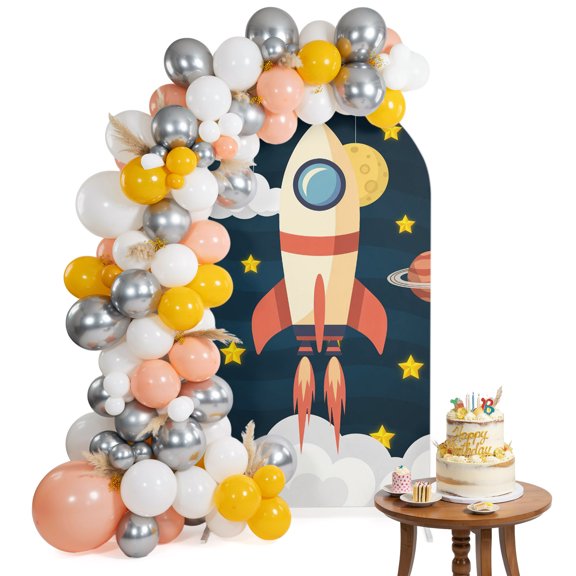 Spaceship Arch Backdrop Cover 6FT Cartoon Space Stars Cute Rocket Pattern Spandex Fitted Arch Covers Stretchy Backdrop Decoration for Wedding Birthday Graduation Party
