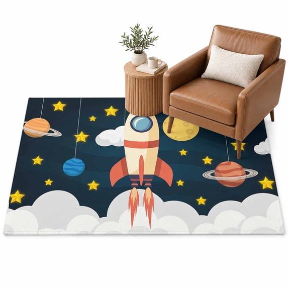 Spaceship Area Rug 3'x5', Cartoon Space Stars Cute Rocket Pattern Soft ...