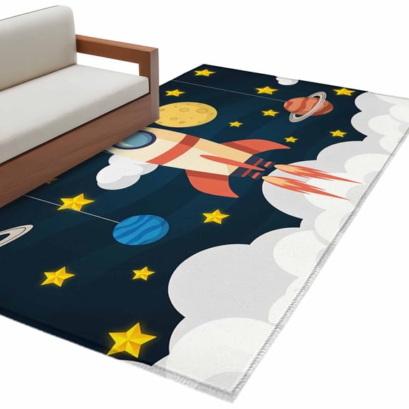 Spaceship Area&nbsp;Rug 2.7x5ft Cartoon Space Stars Cute Rocket Pattern Non-Slip&nbsp;Washable Square&nbsp;Rugs Soft Felt Indoor Floor Mat for Bedroom Kitchen Living Room Bathroom