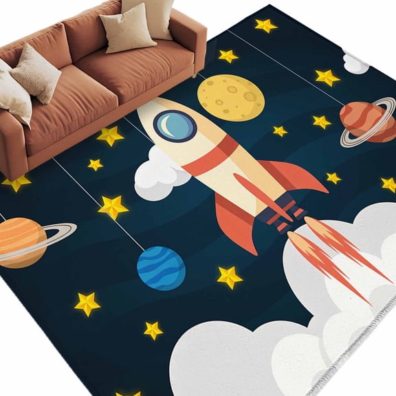 Spaceship Area&nbsp;Rug 5x7ft Cartoon Space Stars Cute Rocket Pattern Non-Slip&nbsp;Washable Square&nbsp;Rugs Soft Felt Indoor Floor Mat for Bedroom Kitchen Living Room Bathroom