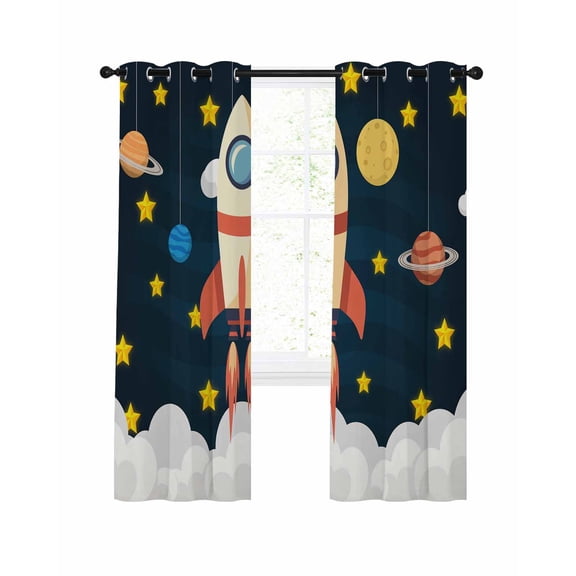 Spaceship Blackout Curtains 45 Inch Length Cartoon Space Stars Cute Rocket Pattern Thermal Insulated Window Curtain Window Drapes 2 Panels for Bedroom Living Room 52"Wx45"L
