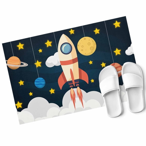 Spaceship Door Mat Cartoon Space Stars Cute Rocket Pattern Non Slip Absorbent Entrance Mat Washable Low Profile Indoor Doormat for Front Door Entryway Entry 16"x24"