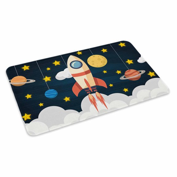 Spaceship Doormat Cartoon Space Stars Cute Rocket Pattern Non Slip Low Profile Rubber Door Mat Washable Absorbent Indoor Front Door Mat Entryway Rug Entrance Carpet 16x24 Inch