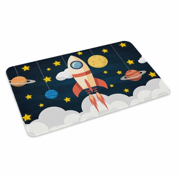 Spaceship Doormat Cartoon Space Stars Cute Rocket Pattern Non Slip Low Profile Rubber Door Mat Washable Absorbent Indoor Front Door Mat Entryway Rug Entrance Carpet 24x36 Inch