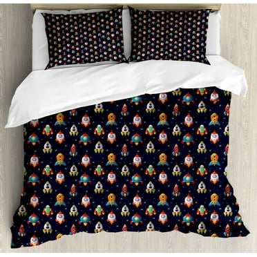 Spaceship Duvet Cover Set King Size, Cartoon Style Space Crafts Flying Through Cosmos Stared Background Astronauts, Decorative 3 Piece Bedding Set with 2 Pillow Shams, Multicolor, by Ambesonne