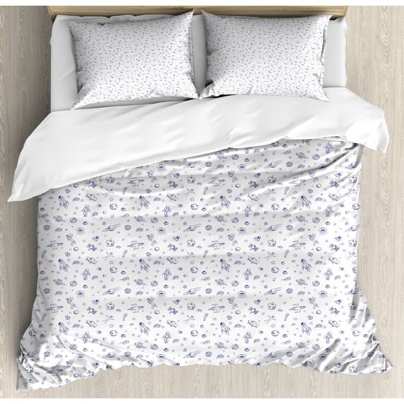 Spaceship Duvet Cover Set Queen Size, Doodle Monochrome Space Composition Hand Drawn Galactic Concepts Planets, Decorative 3 Piece Bedding Set with 2 Pillow Shams, Royal Blue White, by Ambesonne