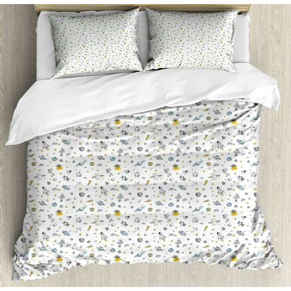 Spaceship Duvet Cover Set Queen Size, Doodle Style Cosmonaut Black Hole Satellite and Asteroid Space Theme, Decorative 3 Piece Bedding Set with 2 Pillow Shams, Pale Blue Grey Black, by Ambesonne