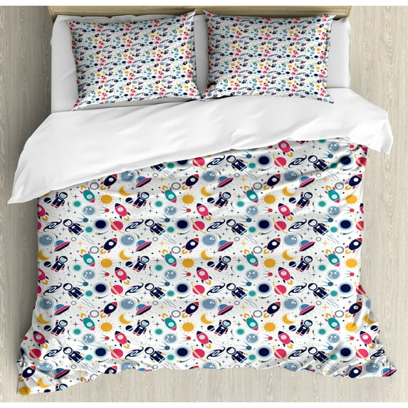 Spaceship Duvet Cover Set Queen Size, Silhouettes of Space Elements Astronomy Themed Digitally Composed Illustration, Decorative 3 Piece Bedding Set with 2 Pillow Shams, Multicolor, by Ambesonne