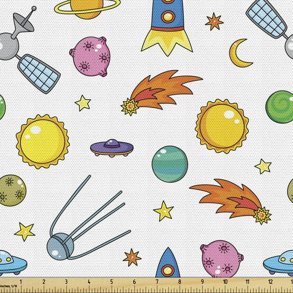 Ambesonne Spaceship Fabric by the Yard Upholstery, Cartoon Shooting Star, 3 Yards, Multicolor
