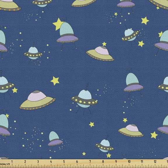 Spaceship Fabric by the Yard, Cartoon Flying Saucers in the Night Sky Full of Stars Mysterious Universe Theme, Decorative Upholstery Fabric for Sofas and Home Accents, 5 Yards, Multicolor by Ambesonne